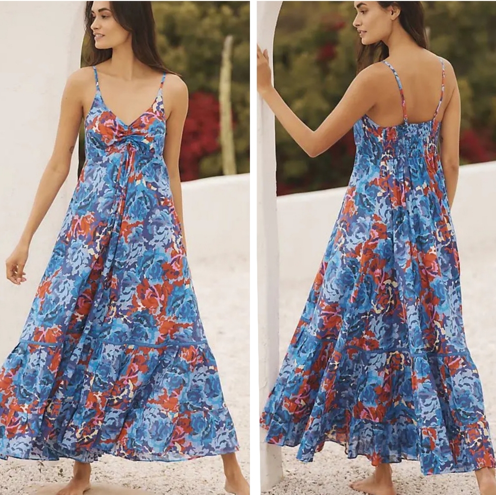 🧵Anthropologie x Ro's Garden Tatiana Maxi Dress Blue Floral Garden Party Sz XL